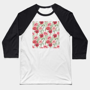 Watercolor Light Green Leaves, Red and Pink Poppies Baseball T-Shirt